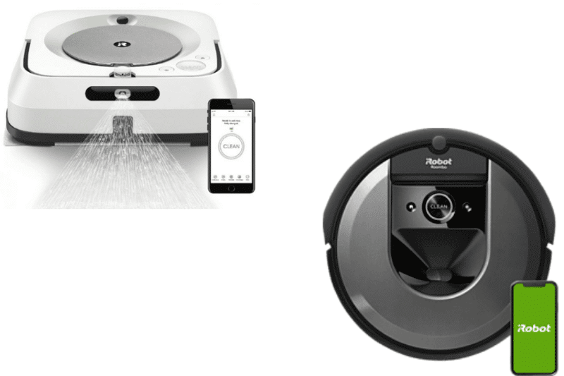 На белом фоне изображены робот-пылесос iRobot и моющий робот